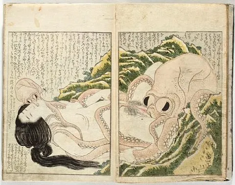 Katsushika Hokusai, Tako to ama (蛸と海女の図), del álbum Kinoe no Komatsu, 1814 — shunga con buceadora ama y dos pulpos, la imagen más célebre del género