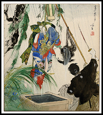 Ukiyo-e japonés con figura femenina suspendida con cuerdas sobre una cubeta, escena de kabuki o narrativa, período Edo — la cuerda como elemento compositivo y simbólico