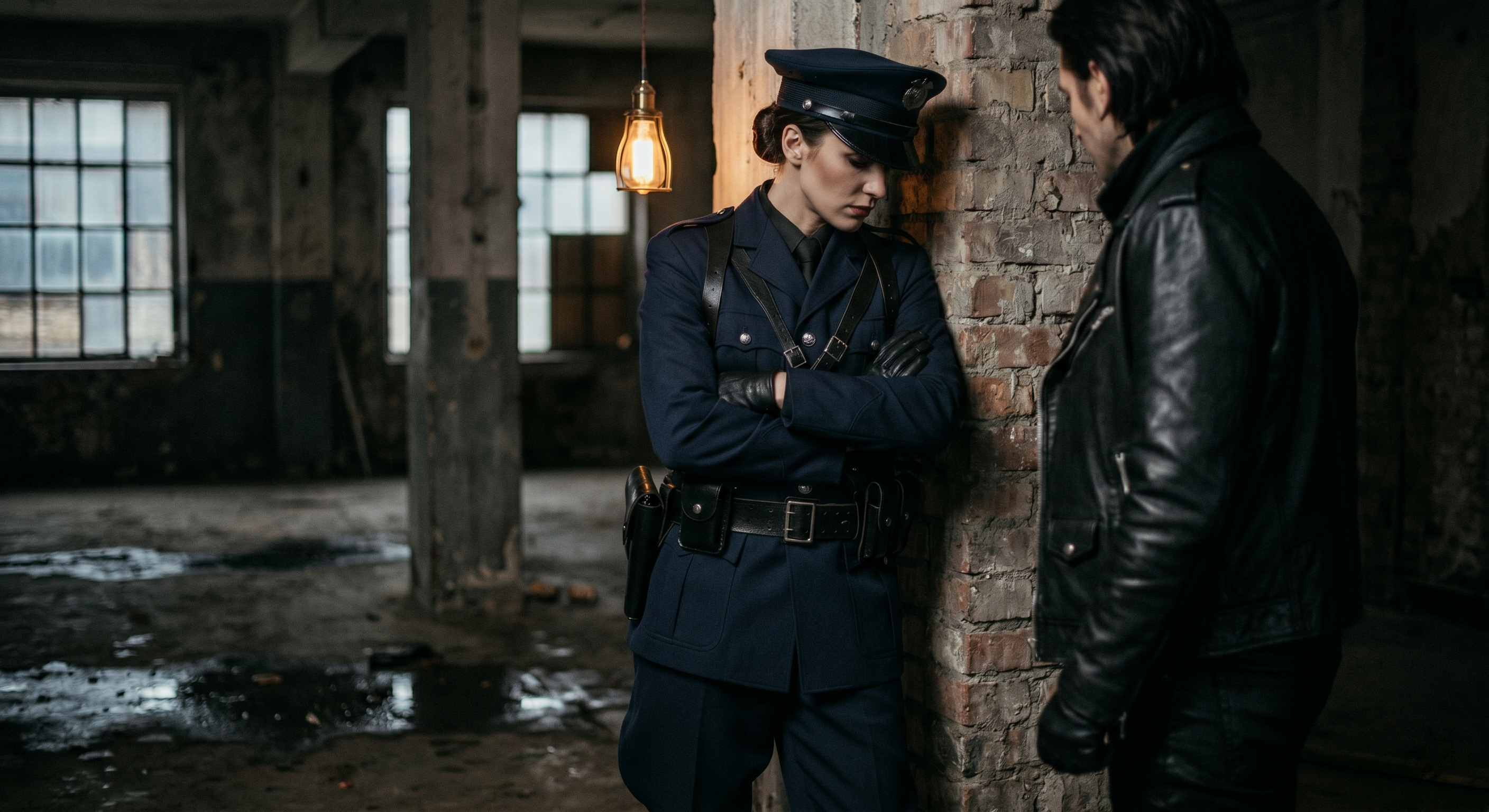 Escena de roleplay con uniformes en ambiente BDSM, fotografía artística en tonos oscuros